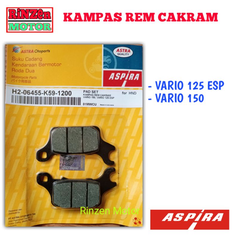 Kampas Rem Cakram Depan Vario 125 Esp, Vario 150 Led, ,Genio   H2-06455-K59-1200 Aspira