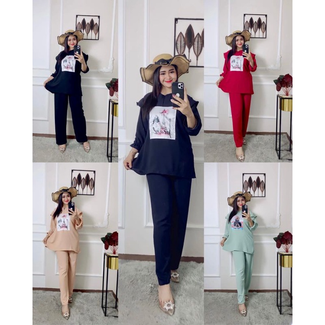 Setelan one set viral crinkle airflow motif