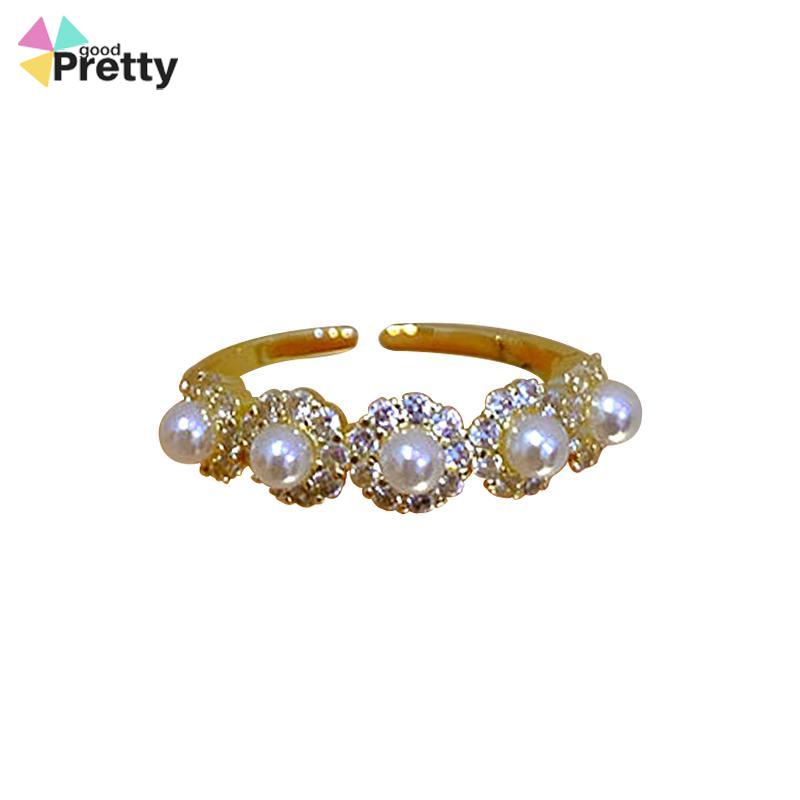 Double-layer Retro Pearl Diamond Ring Niche Light Desain Mewah Cincin Dapat Disesuaikan Terbuka - PD