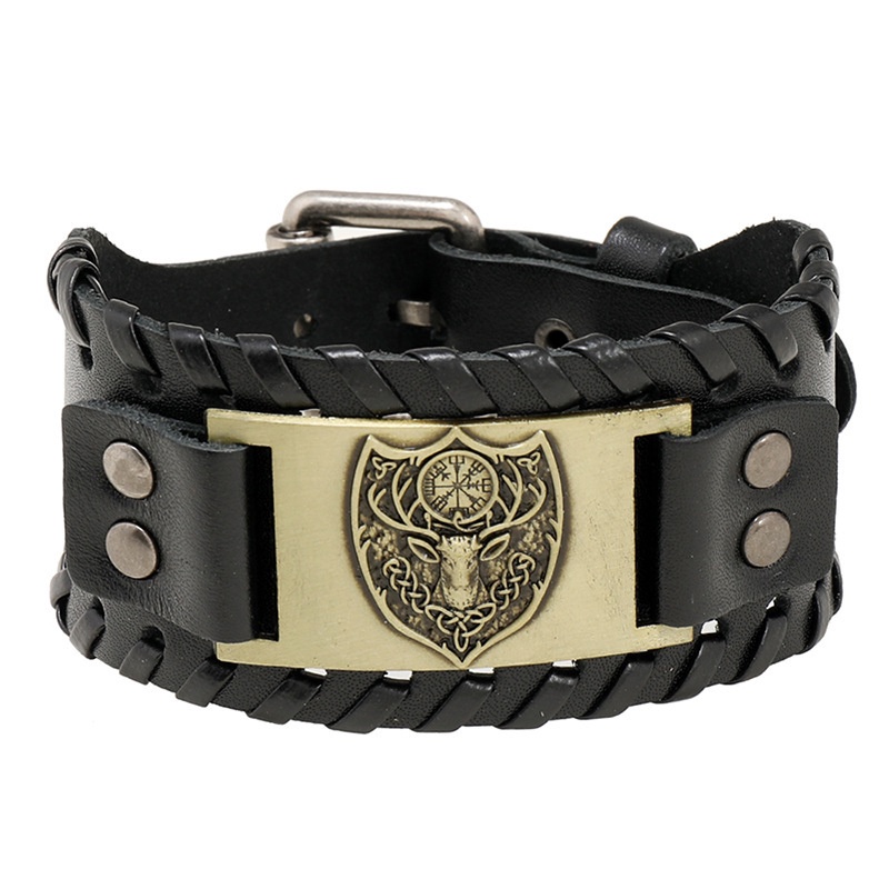 [Z H Perhiasan] Hip Hop Retro Viking Fashion Pria Anyaman Kulit Perisai Gelang Pesta Perhiasan Aksesoris