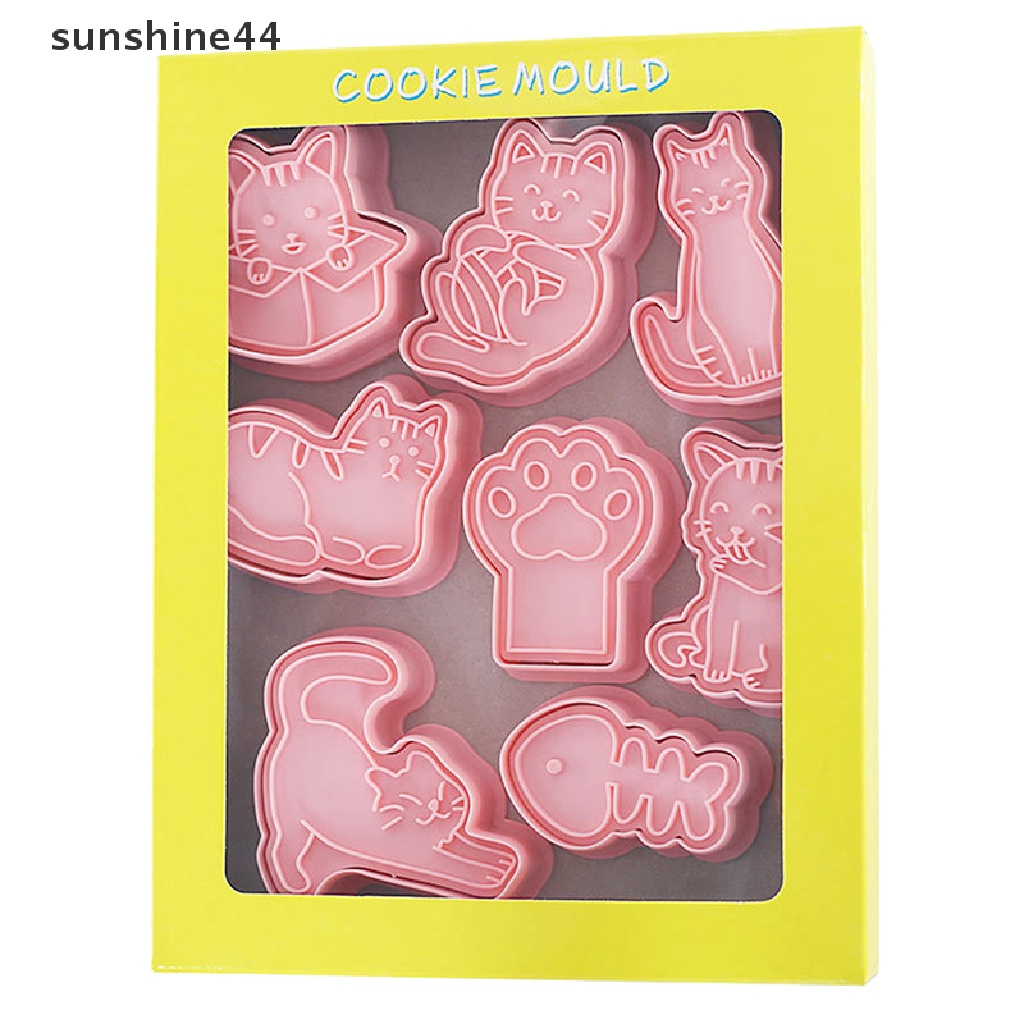 Sunshine 8Pcs Cetakan Biskuit / Cookies Bentuk Kartun Kucing 3D Bahan Plastik
