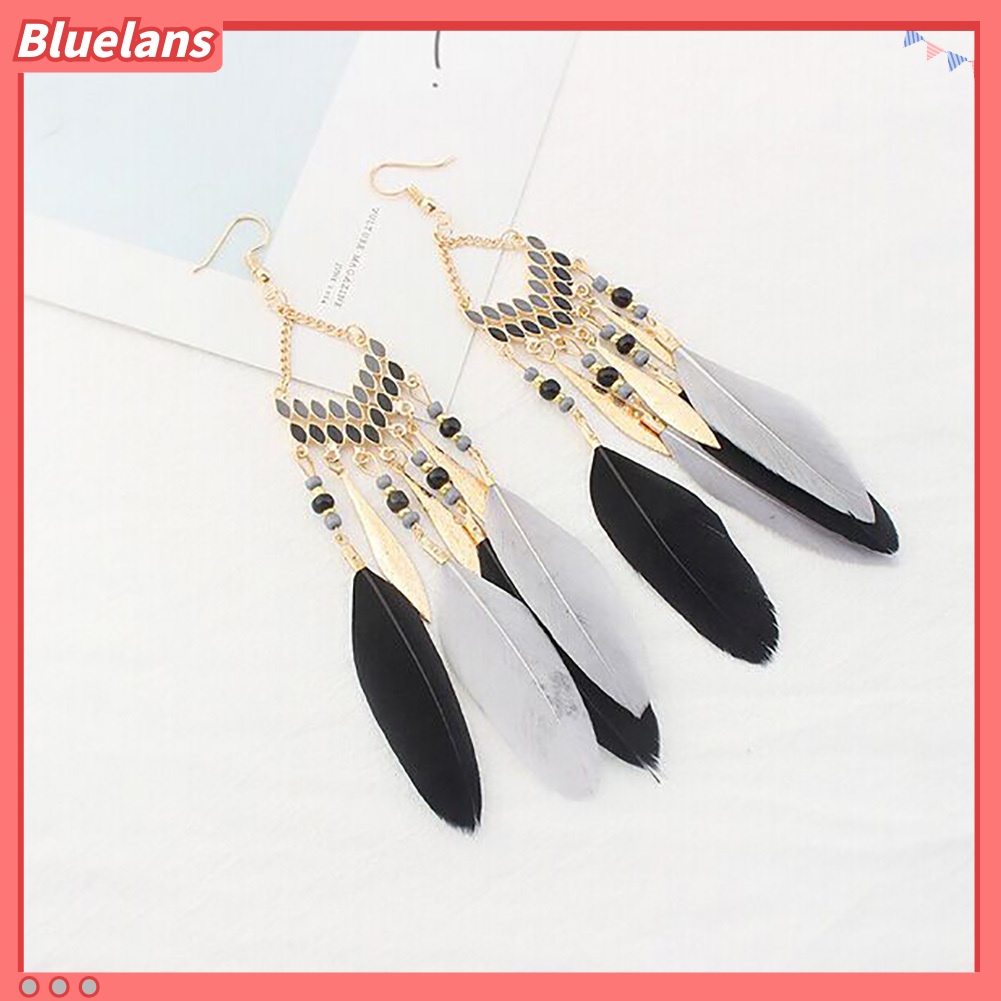 Bluelans Vintage Long Dangle Feather Boho Hook Earrings Women Charming Jewelry Gift