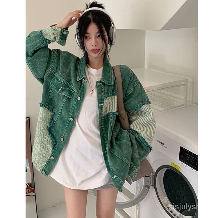 #Sisjuly# Jaket denim tambal sulam hijau vintage wanita jaket longgar baru wanita atasan