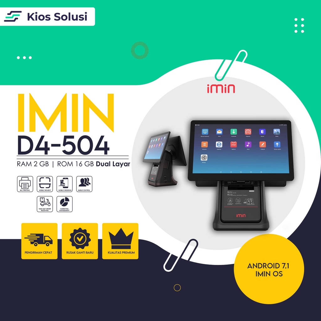 Mesin Kasir Desktop Dual Screen iMin D4 504 |  RAM 2GB ROM 16GB | Laya Main 15.6” + Vice 10.1” Dengan Printer