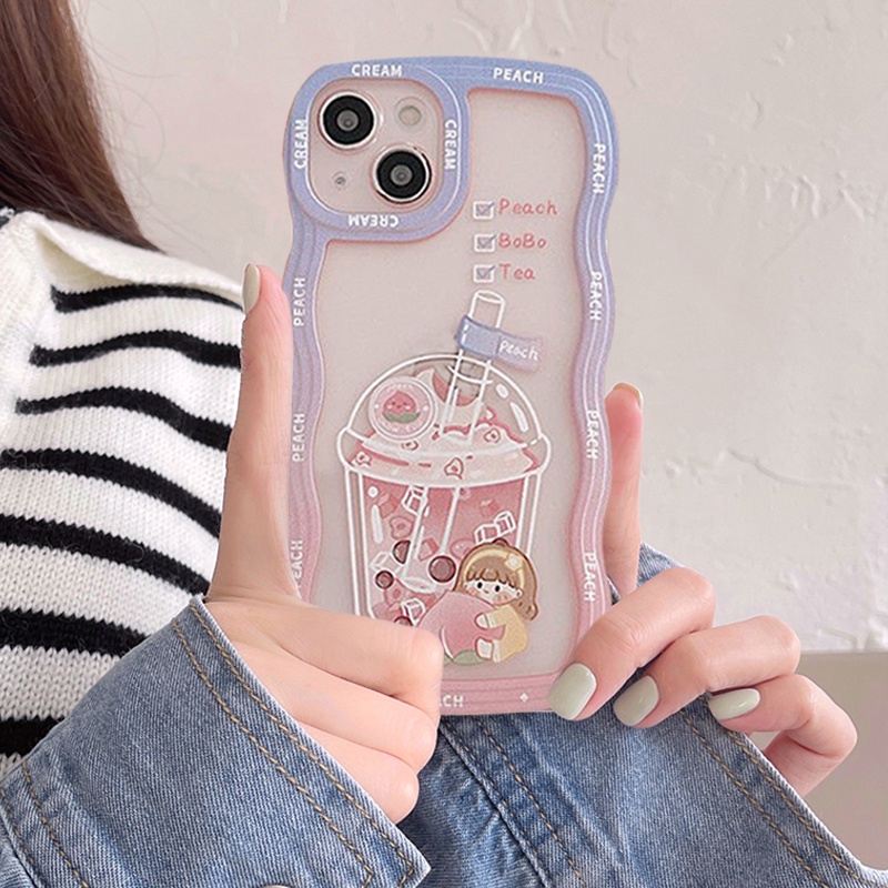 Lovely Sweet Girl Case Untuk Samsung A14 A04 A04s A52 A52s A53 A32 A04E A51 A13 A12 A03 A03s A22 A23 A50 A50s A11 A31 A30 A21s Lucu Teh Susu Sparkling Water Gradient Wavy Edge Cover