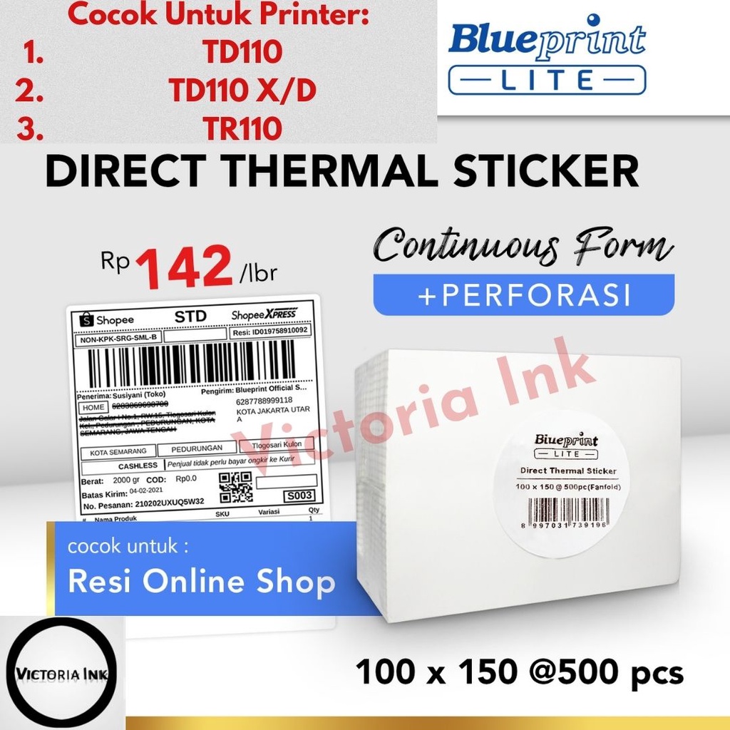 Kertas Stiker 100x150 isi 500 Label Direct Thermal Stiker 100x150 Continuous 100x150 CF Fanfold isi 500 Label Resi Online Perforasi Continuous Form Stiker 100x150 Continuous