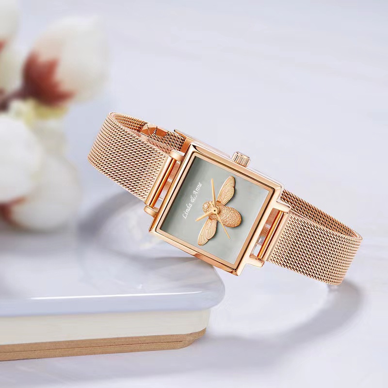 Jam Tangan Wanita Anti Air Kecil Dial Kotak Strap Rantai Pasir/ Original 3D Lebah Dial Mode Santai Jam Tangan Cewek