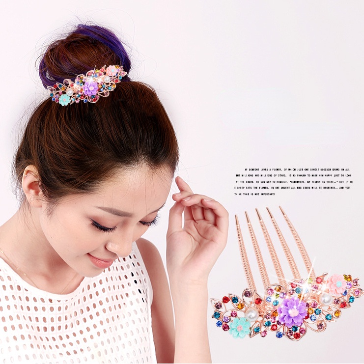 Sisir Rambut Bentuk Bunga Aksen Berlian Imitasi Bahan Alloy Untuk Wanita
