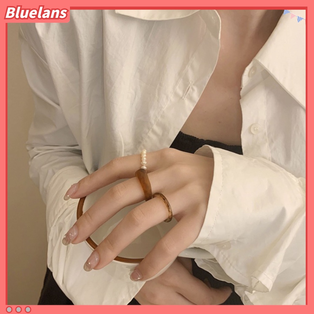 Bluelans 3Pcs / Set Cincin Jari Transparan Hias Mutiara Imitasi Gaya Simple Untuk Wanita