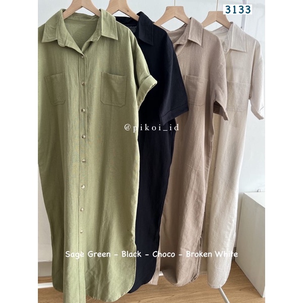 Loose dress wanita katun linen / dress wanita busui full kancing / oversize kemeja dres panjang 3133