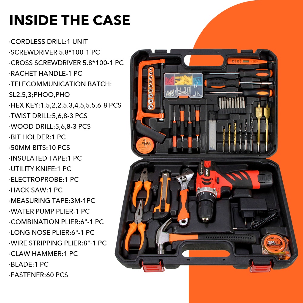 IXCE 118Pcs Hand Toolset / Tool Kit Set / Toolbox 12V Cordless Drill Set / Kotak Alat Multifungsi Bor Listrik Set Obeng / Electrician Tools