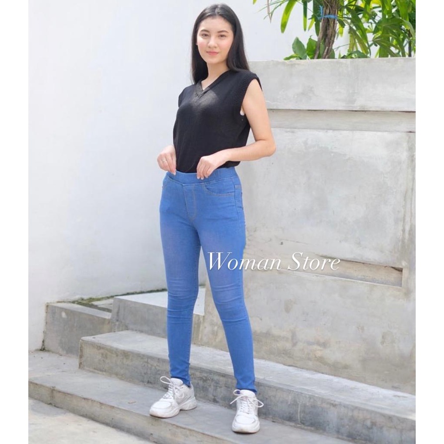 JEANS LEGGING JEANS BIGSIZE celana bahan kerja wanita jumbo pinggang karet