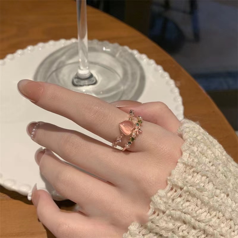 Cincin Jari Telunjuk Model Terbuka Lapisan Ganda Aksen Mutiara Berlian Imitasi Warna Pink Gaya Korea Untuk Wanita