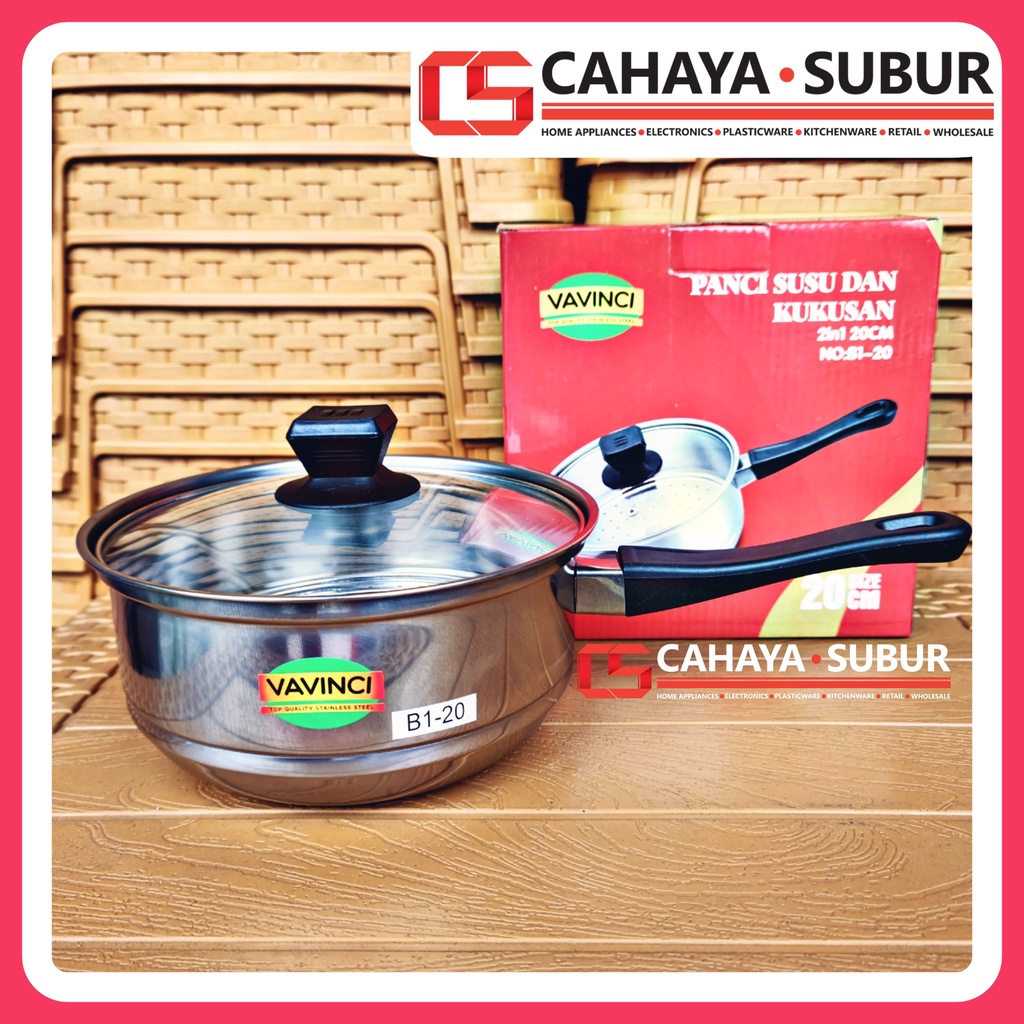 Panci Susu Steamer VAVINCI 20cm Tutup Kaca Stainless Steel Panci Kukus Panci Indomi Premium Quality