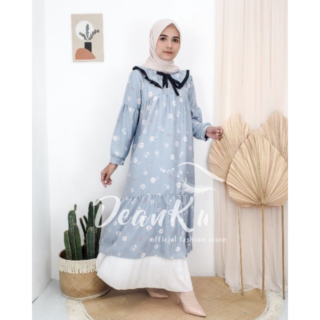 DeanKu Lisa Midi Dress Gamis Daily Wanita Motif Bunga Kuncup Lengan Panjang Model Balon Bahan Shakil