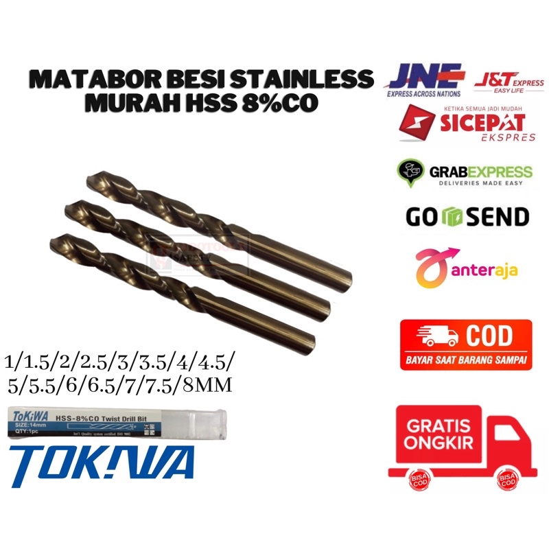 MATA BOR BESI STAINLESS 8%CO HSS TOKIWA 1mm 1.5mm 2mm 2.5mm 3mm 3.5mm 4mm 4.5mm 5mm 5.5mm 6mm 6.5mm 7mm 7.5mm 8mm ASLI MADE IN CHINA