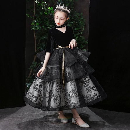 Gaun anak - Gaun Pesta Gadis Kecil Beludru Hitam Gaun Pesta Gaun Malam Panjang Pesta Karnaval Anak P