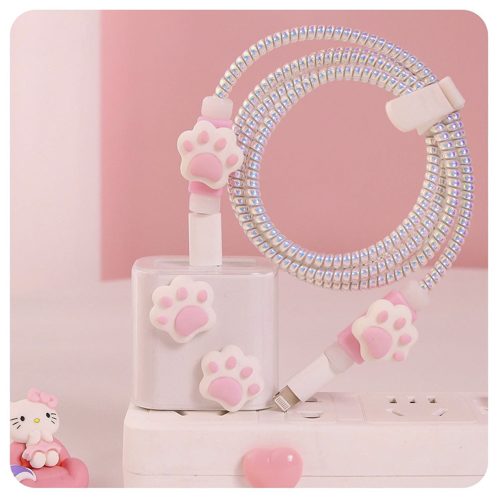 1 Set Pelindung Kabel Data Power Charger 18W 20W Bentuk Telapak Kaki Kucing Pink Untuk IPhone