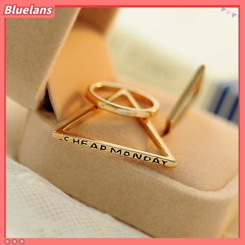 3pcs / Set Cincin Kombinasi Bentuk Geometri Segitiga Persegi Lingkaran Warna Emas Untuk Wanita