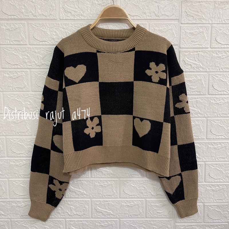 ELSA SWEATER RAJUT CROP MOTIF LOVE BUNGA KOTAK KOTAK LENGAN PANJANG