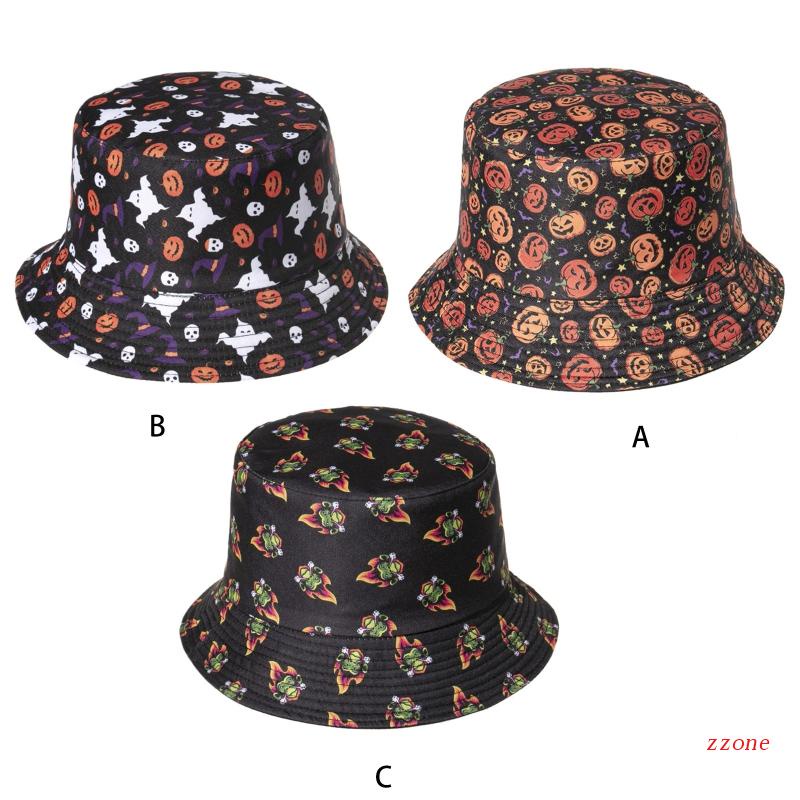 Topi Bucket Motif Print Labu Hantu Halloween Dapat Dibalik