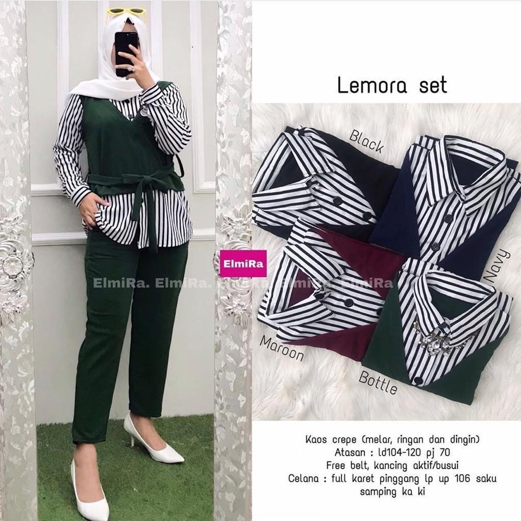 Lemora Set M, L, XL, XXL, 3XL / Setelan Bahan Mosscrepe Mix Salur / Setelan Wanita / Setelan Wanita 