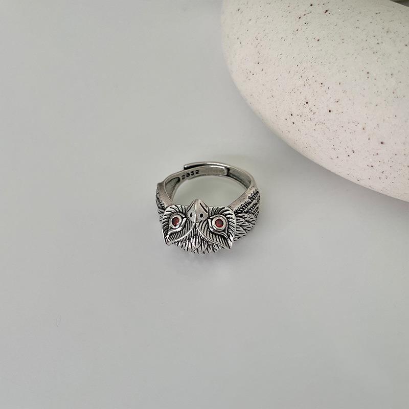 Cincin Model Terbuka Desain Burung Hantu Warna Silver Gaya Hip Hop Eropa Amerika Untuk Pria