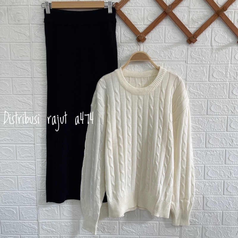 ONESET SWEATER CABLE COUPLE FULL OVERSIZE SETELAN KULOT DAN ROK