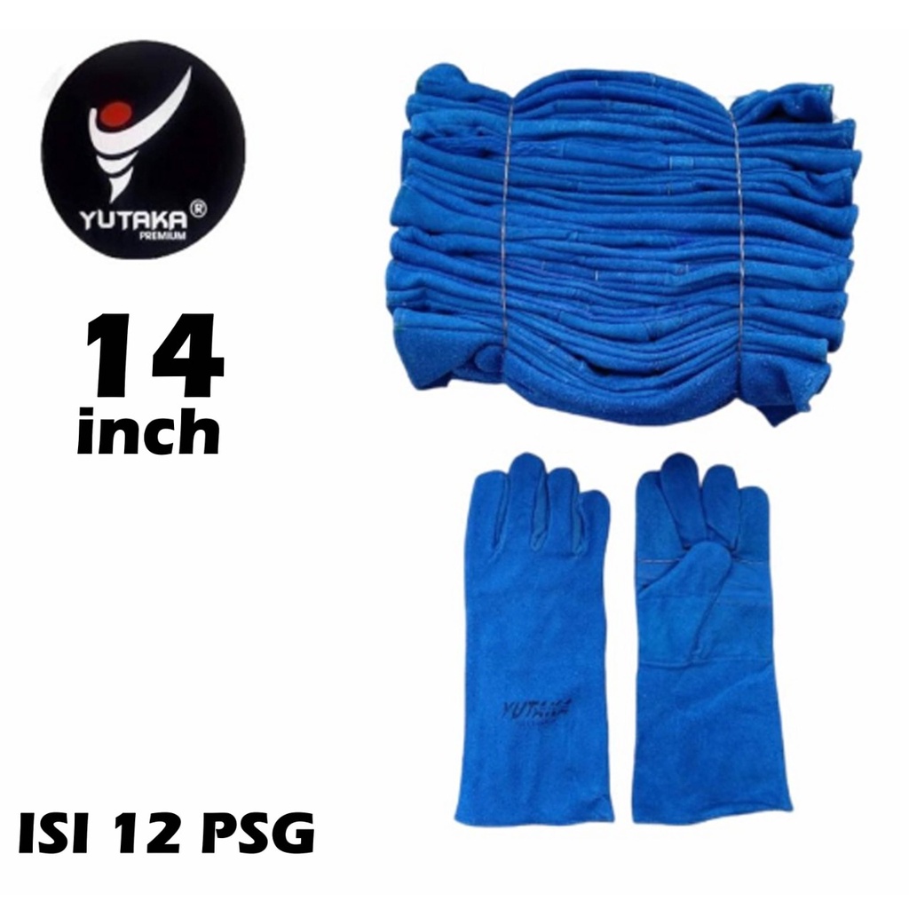 SARUNG TANGAN LAS YUTAKA 14 INCH BIRU isi 1 lusin/sarung tangan las kulit 14inch murah/sarung tangan kulit las 14inch terlaris