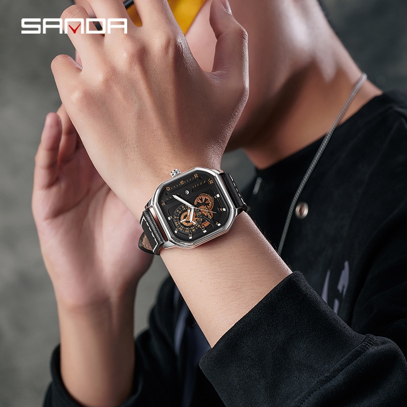 SANDA 7038 Jam Tangan Pria Analog Chronograph Tali Kulit Luminous Display WATCHKITE WKOS