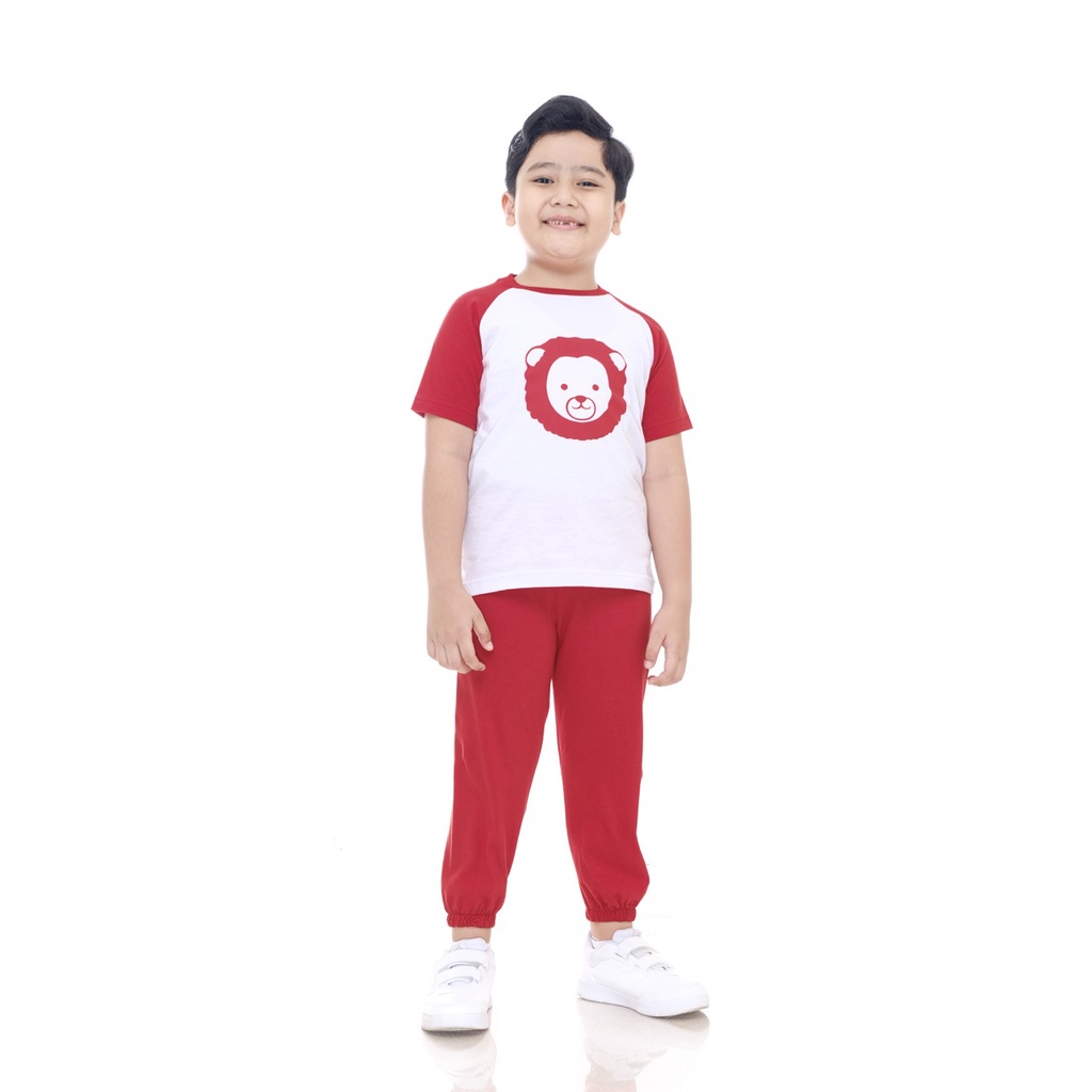 Setelan Kaos Playset Anak Setelan Joger Couple Baju Tidur Piyama Anak Raglan Unisex Celana Panjang Merah Lion