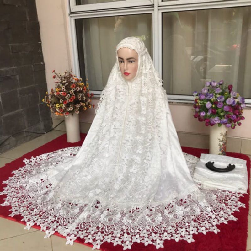 MUKENA DEWASA PUTIH MUKENAH SUTRA PARIS PREMIUM RENDA MAWAR PRADA MOTIP BORDIR MEWAH JILB AB FASHION