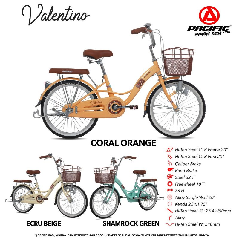 Sepeda Keranjang Dewasa PACIFIC VALENTINO Ukuran 20 & 26 Inch City Bike Keranjang