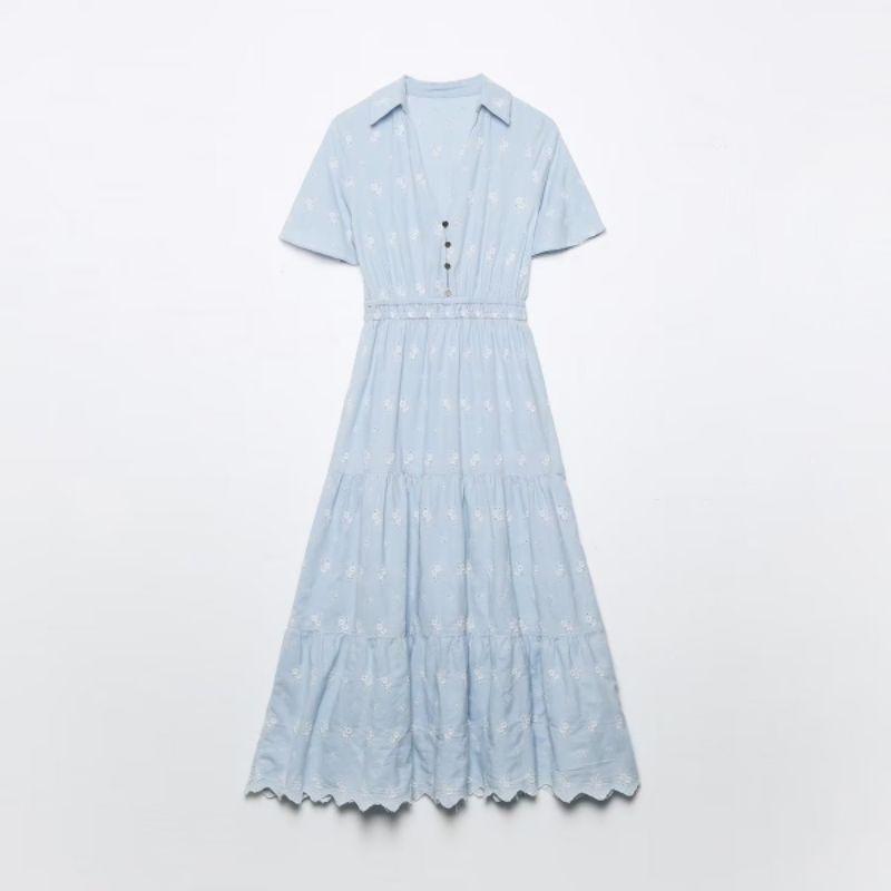 Blue Embroidered Dress - Dress Import