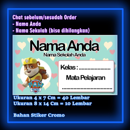 

Stiker Label Buku Pow Patrol Powpatrol Anjing Polisi Kartun Anime Lucu Karakter Lucu Custom Lebel Nama cromo murah 20 Varian berbeda Sticker Pelajaran Mapel buku anak sekolah Vol 6
