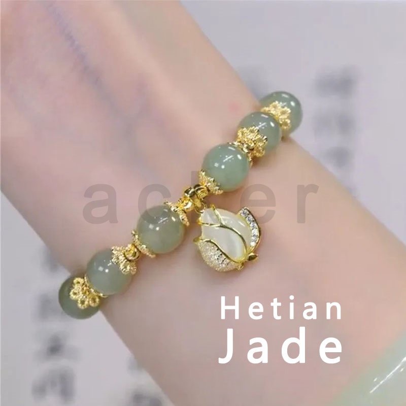 Gelang Tangan Manik-Manik Batu Jade Hetian Natural Mewah Untuk Wanita ACKER