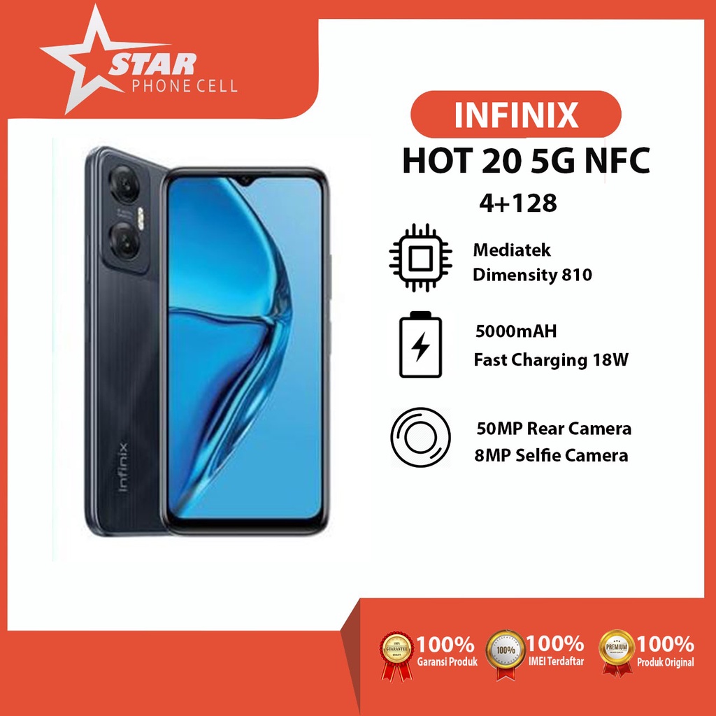 Infinix Hot 20 5G 4/128GB – Up to 7GB Extended RAM - 6.6 FHD+ 120 Hz - Dimensity 810 - NFC
