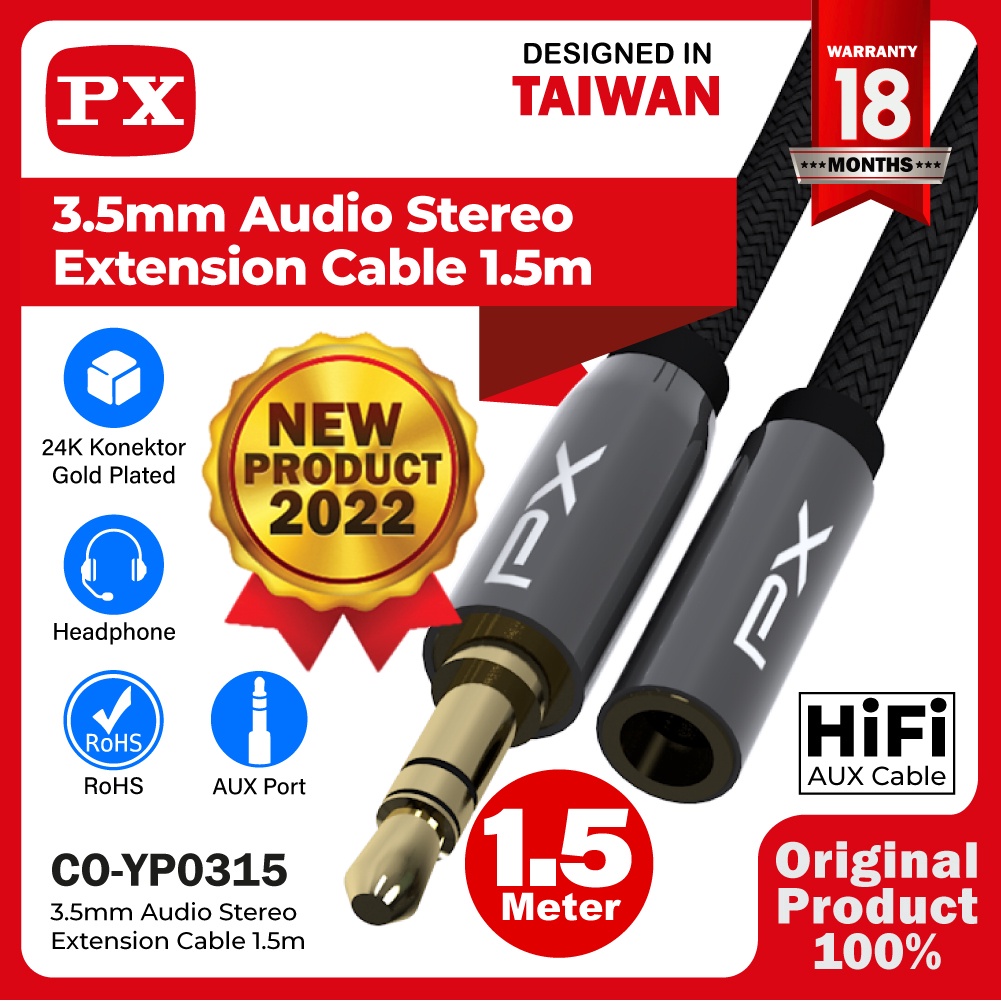 KABEL AUDIO AUX MINI 3.5MM MALE FEMALE STEREO TRS 1.5M PX CO-YP0315