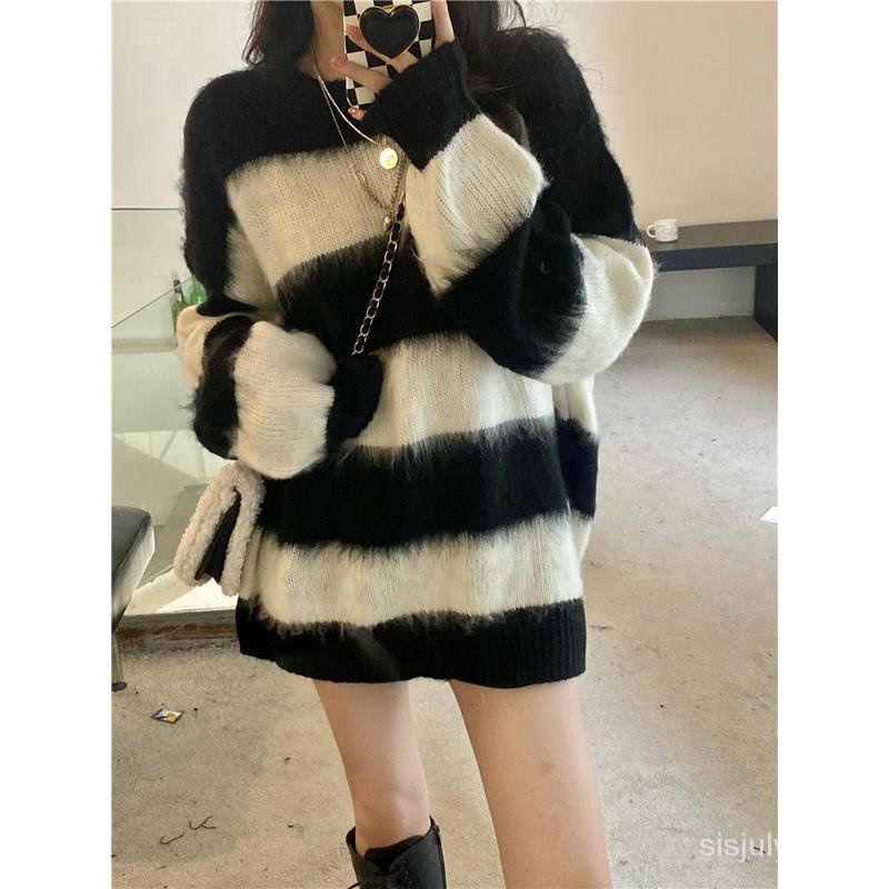 #Sisjuly# Jumper bergaris bulu retro mink fleece bergaris wanita atasan rajutan mid-length wanita mu