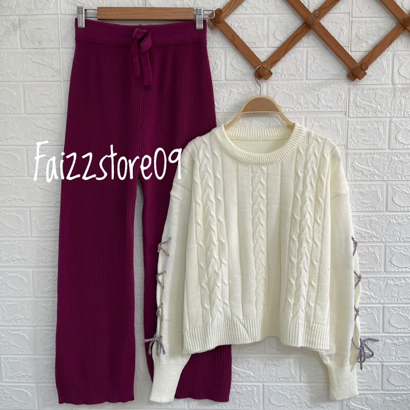 ONE SET SETELAN CELANA KULOT MONAY VICTORIA SWEATER RAJUT CABLE  STRAP KOREA