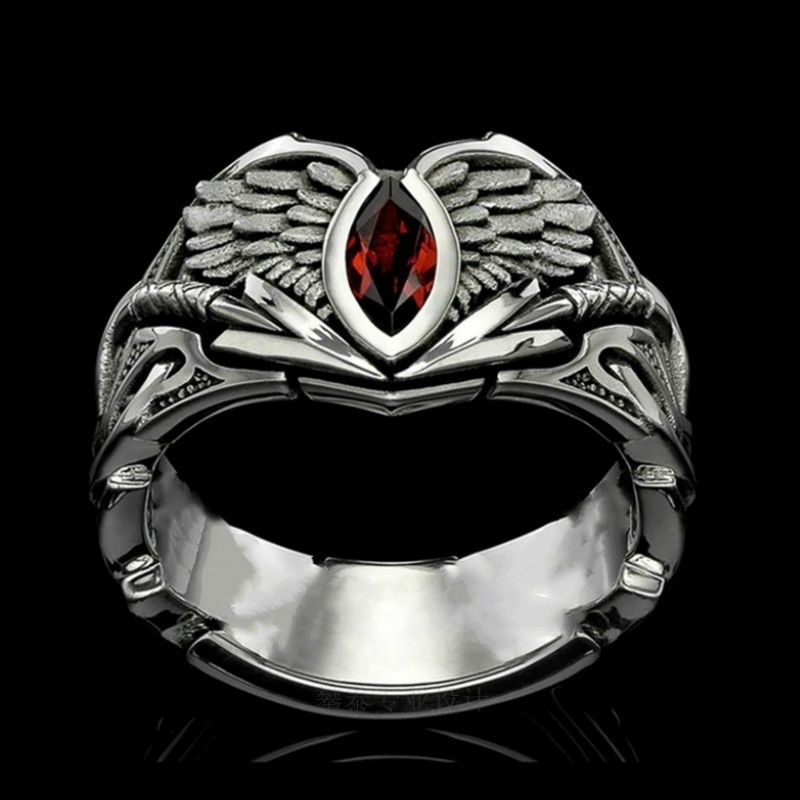 Set Cincin Desain Sayap Malaikat Aksen Berlian Zircon Merah Untuk Pria