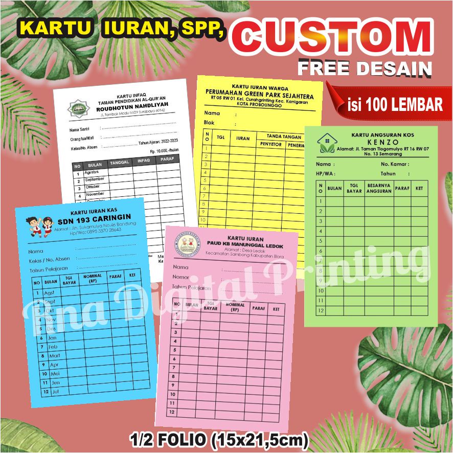 

cetak kartu iuran warga , kas dll (bisa custom) isi 100 lembar