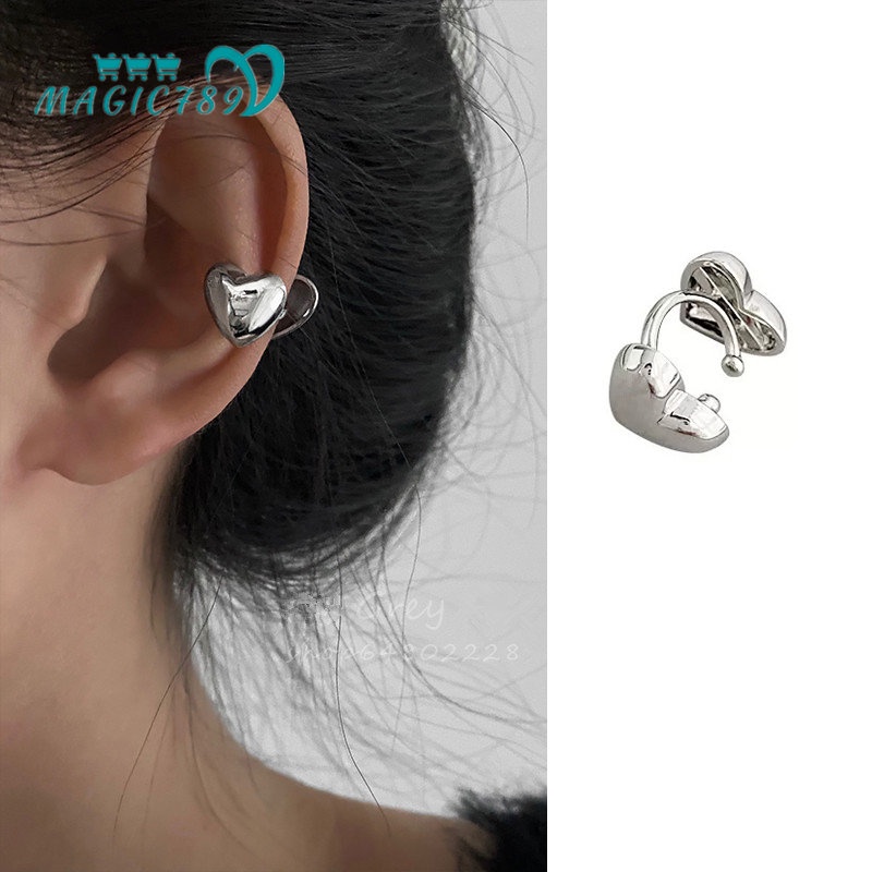 Magic789 1PC Anting Klip Tanpa Tindik Bentuk Hati 3D Warna Silver Untuk Wanita