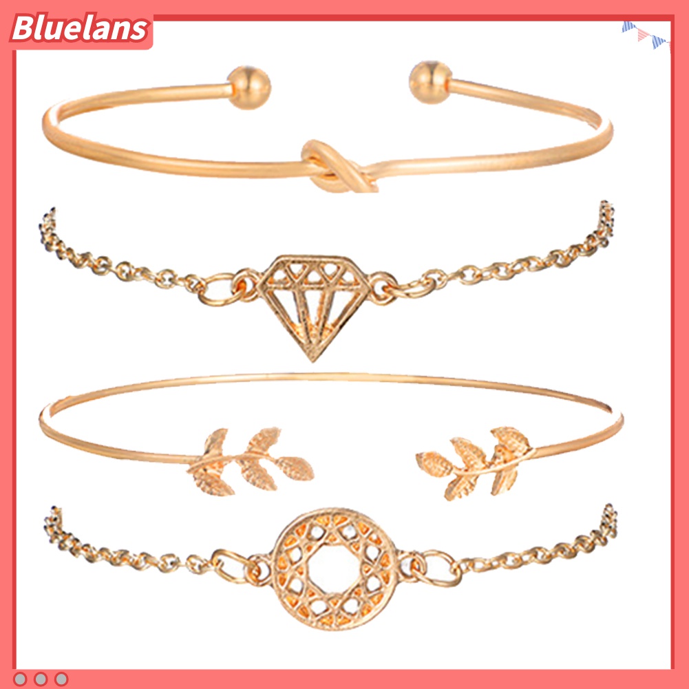 4pcs / Set Gelang Bangle Model Terbuka Bentuk Daun Simpul Berlian Gaya Retro Untuk Wanita