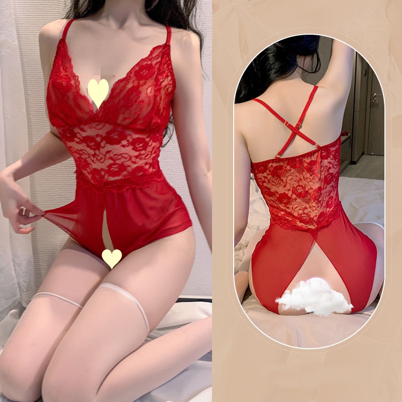 Lingerie Wanita Bodysuit Sexy Open Crotch Babydoll Renda Sling Teddy Baju Tidur A563