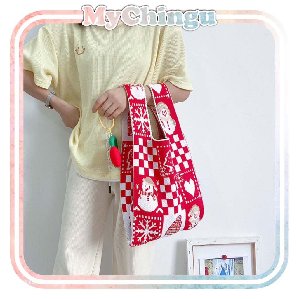 ❀ Chingu ❀ TW003 Tas Bene Korean Knitted Checkered Tote Bag Tas Rajut Christmas Natal Totebag Buffollow Vacay Viral Bangkok Import