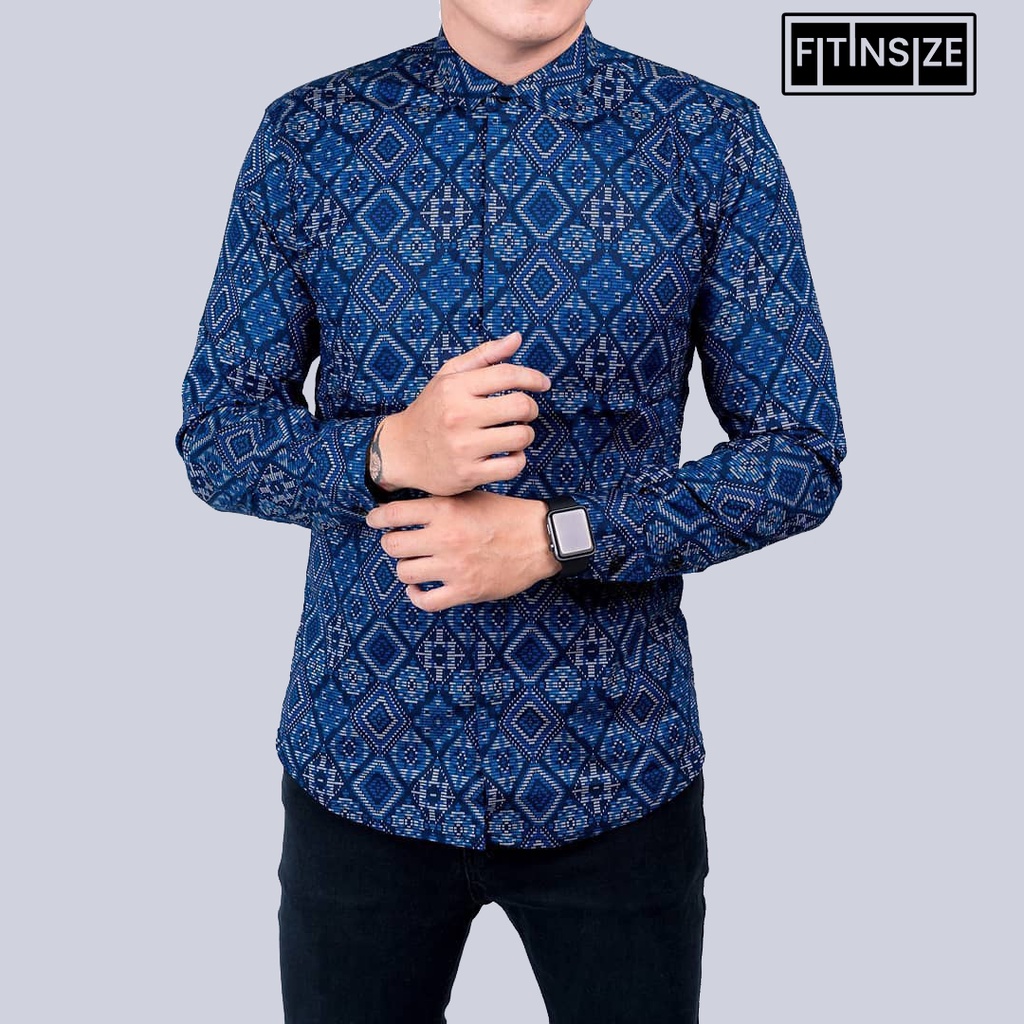 Batik Diamond Navy Pria Panjang /Slimfit / katun stretch casual / formal / kemeja kantor Batik