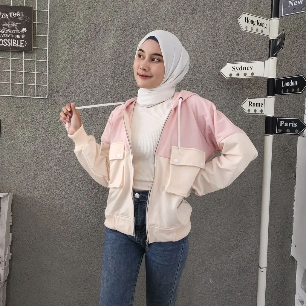 TWO TONE POCKY Jacket Sweater Wanita Oversize Hoodie Zipper Pakaian Terbaru Fashion Terkini Korean Style Kasual Street Style