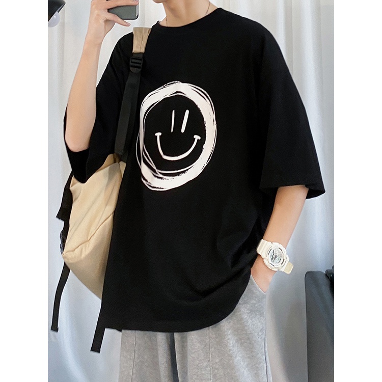 T-SHIRT PRIA TRENDIHONG KONG STYLE SMILEY PRINT LENGAN PENDEK MEREK PLUS UKURAN ATASAN T-SHIRT SEMI LENGAN PENDEK