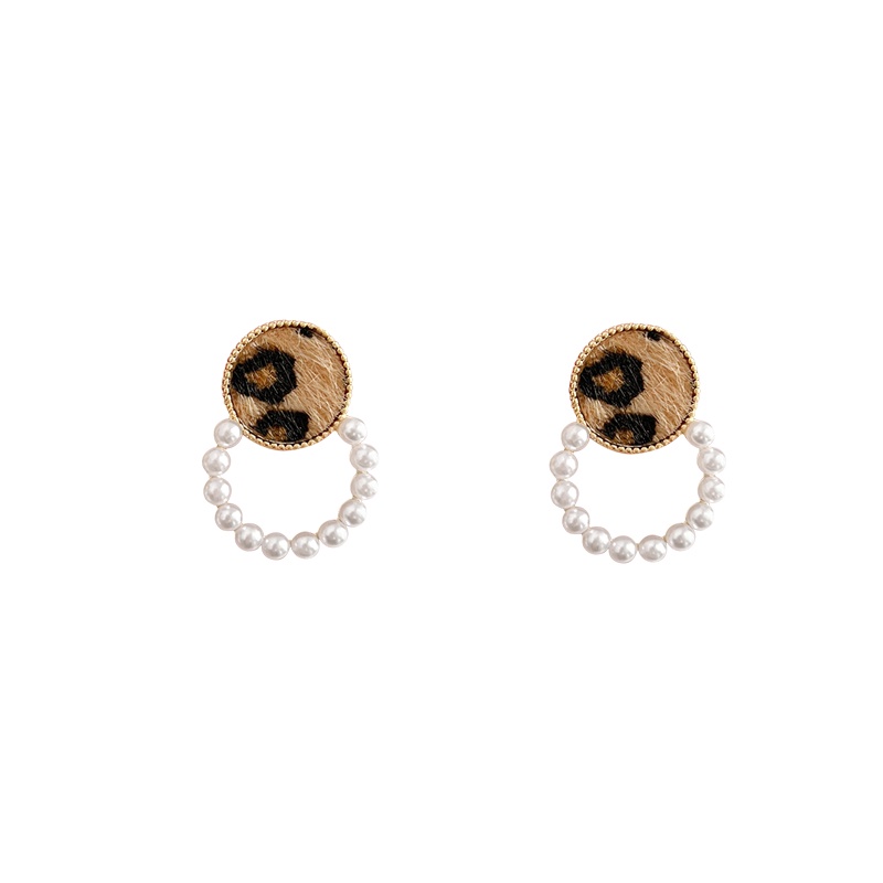 Anting Stud Bentuk Lingkaran Motif Print Leopard Aksen Mutiara Gaya Retro Perancis Untuk Wanita